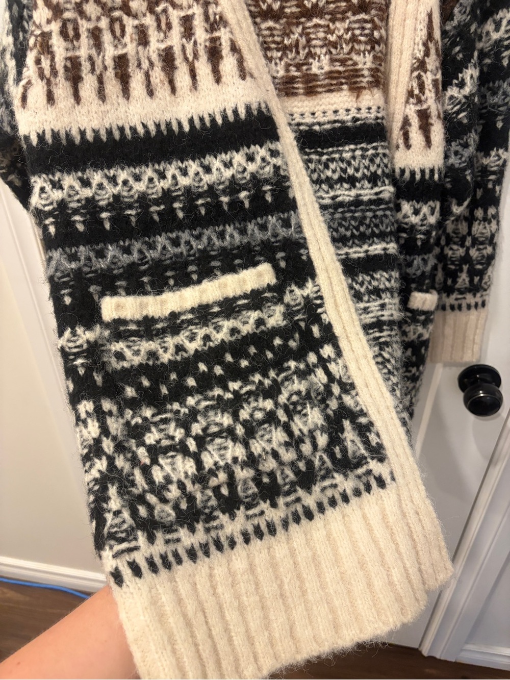 eesome Open-Front Fair Isle Cardigan in Cream, Brown, and Black - Picture 4 of 13